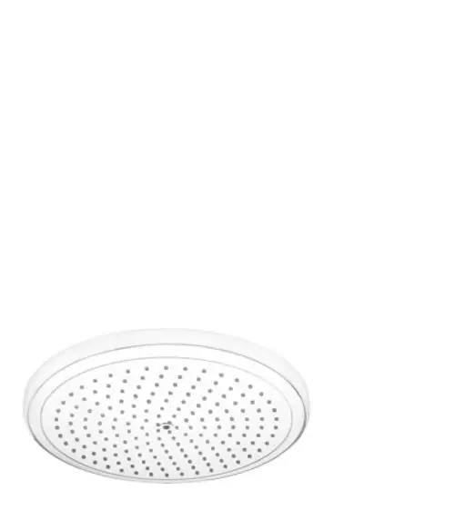 Runde Kopfbrause in Weiß mit gleichmäßig verteilten Düsen. Design von Hansgrohe, geeignet für die Montage an der Decke oder Wand in Badezimmern.